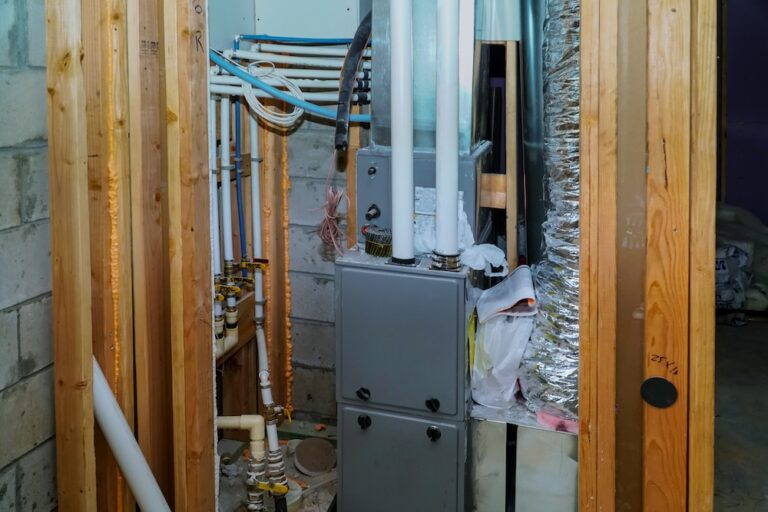 Installation of heating system home construction with roof of the pipe system of heating close up